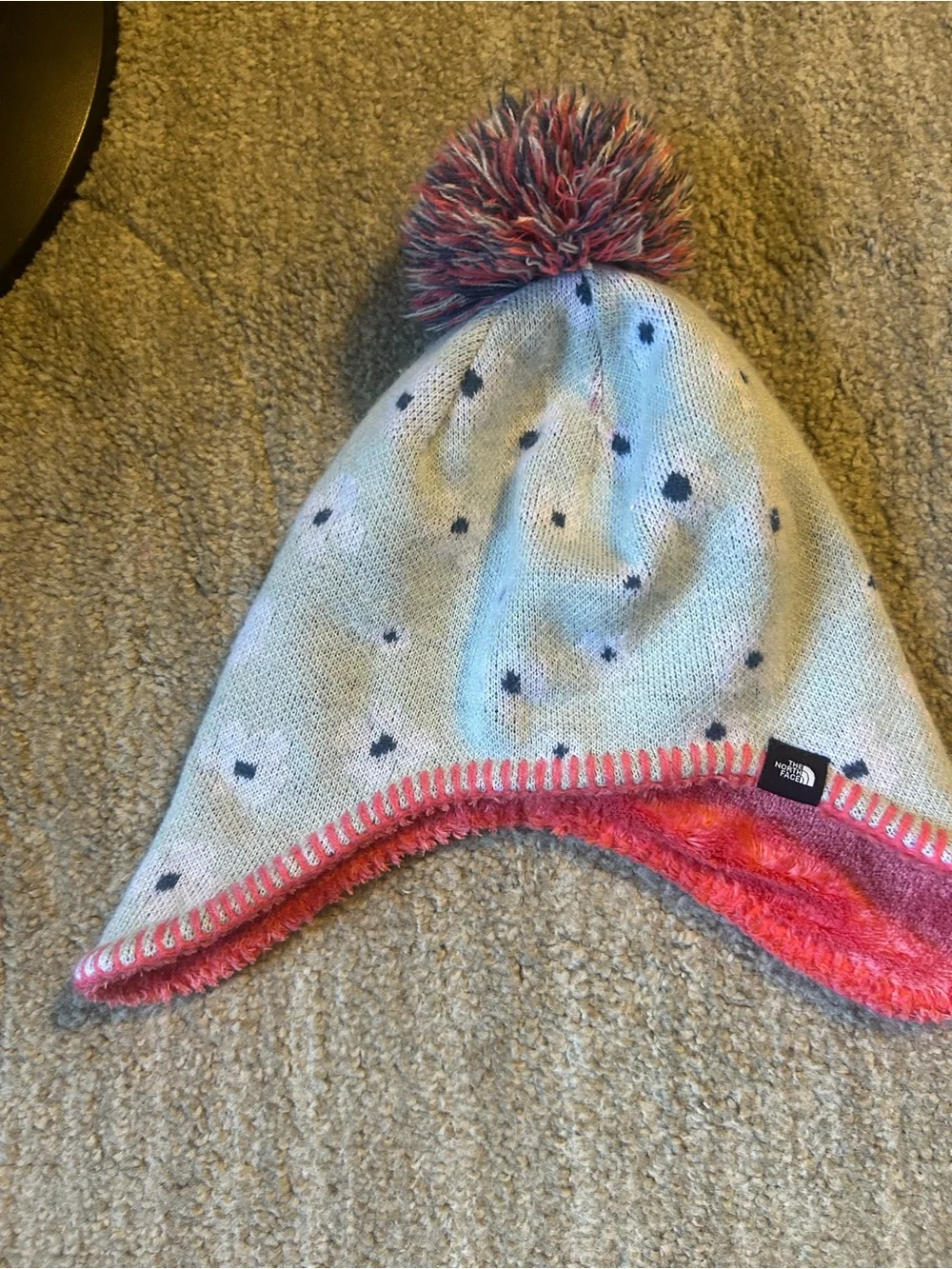The North Face Light Blue Knit Kids Pom Beanie with Pink Trim